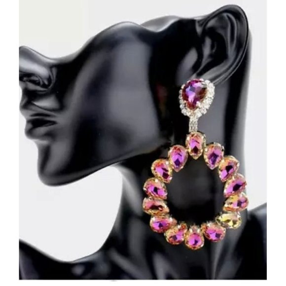 Fuchsia pink earring crystal earrings, large magenta pink teardrop Ab teardrop - Picture 2 of 2